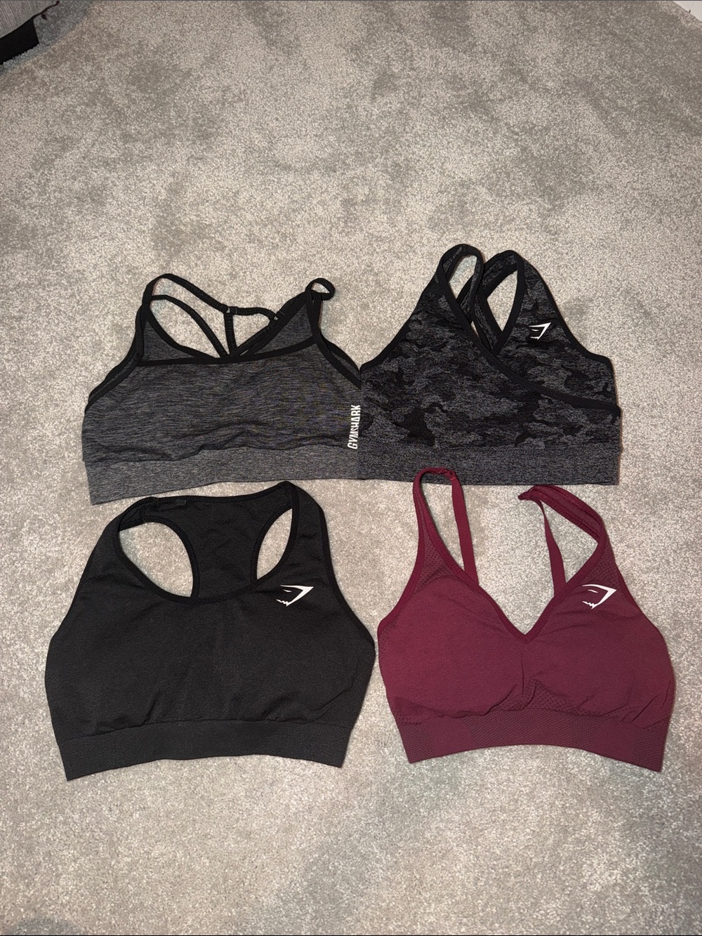 Gymshark Seamless Sports Bra Set in Black, Charcoal and Burgundy